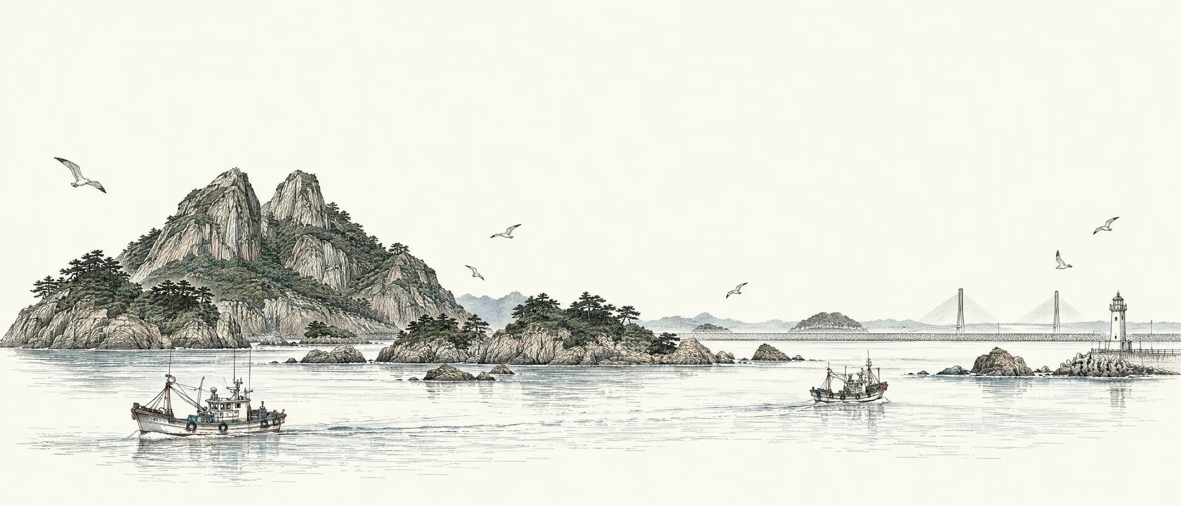 고군산군도 선유도의 망주봉과 바다, 고깃배 그림