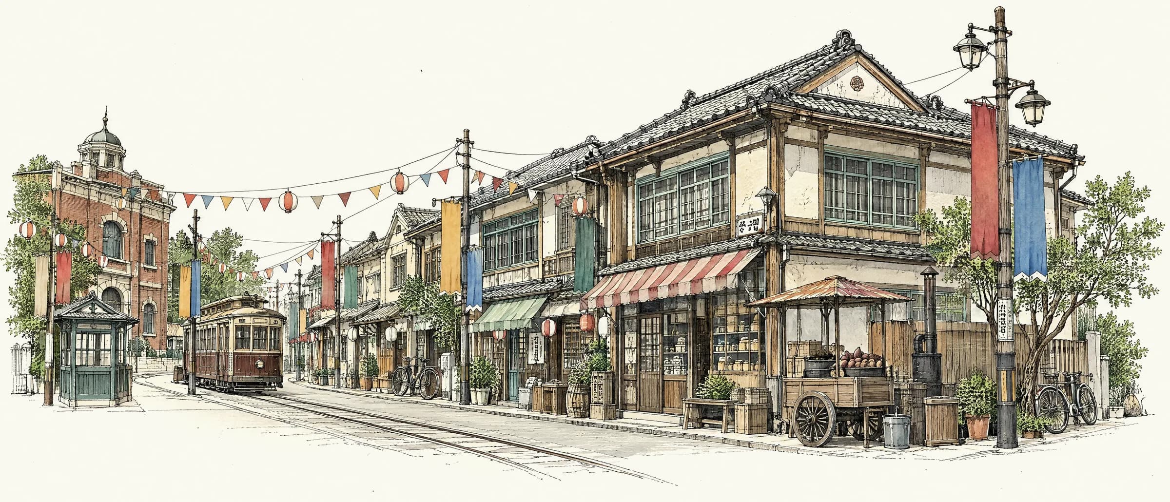 시간여행축제 거리 그림: 삼각 깃발과 종이 등불이 걸린 근대 상점 거리와 옛 전차