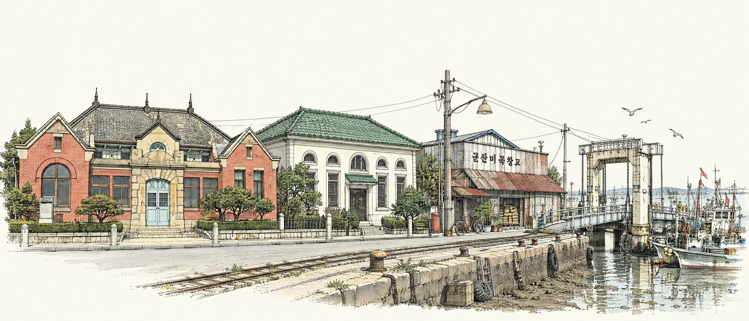 장미동 내항 거리 그림: 옛 군산세관과 옛 18은행, 미곡창고, 뜬다리부두와 고깃배