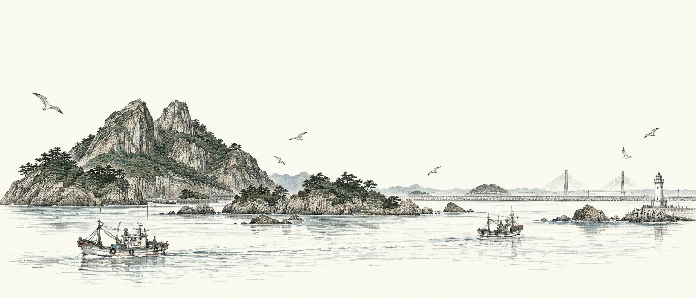 고군산군도 선유도의 망주봉과 바다, 고깃배 그림