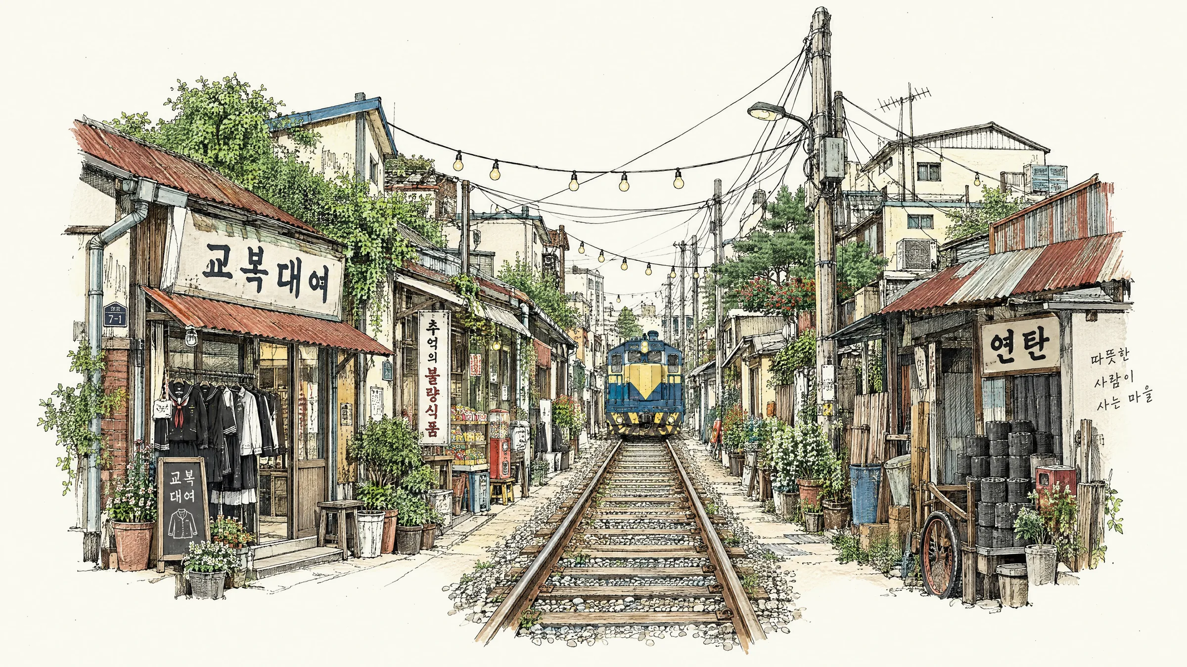 경암동 철길마을 그림: 집과 가게 사이로 곧게 뻗은 철길과 다가오는 기관차