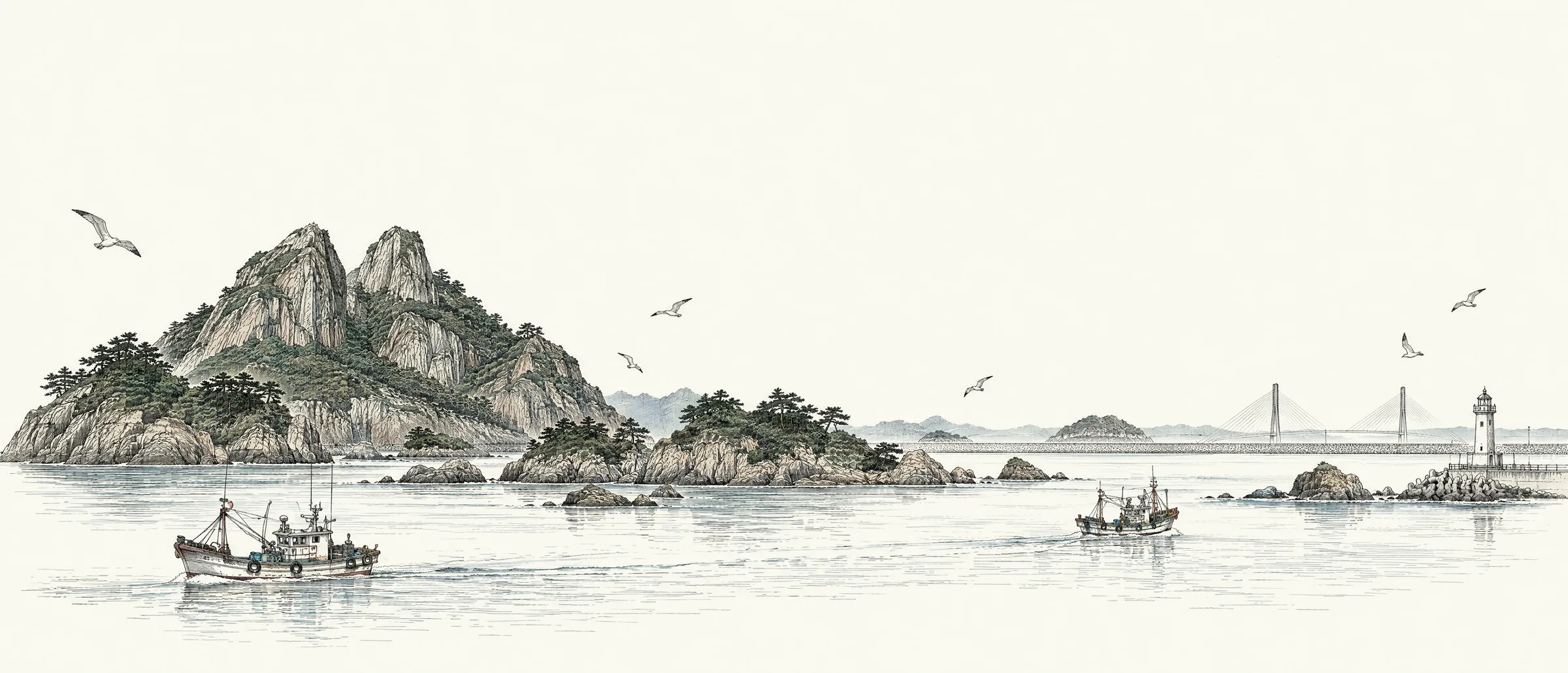 고군산군도 선유도의 망주봉과 바다, 고깃배 그림