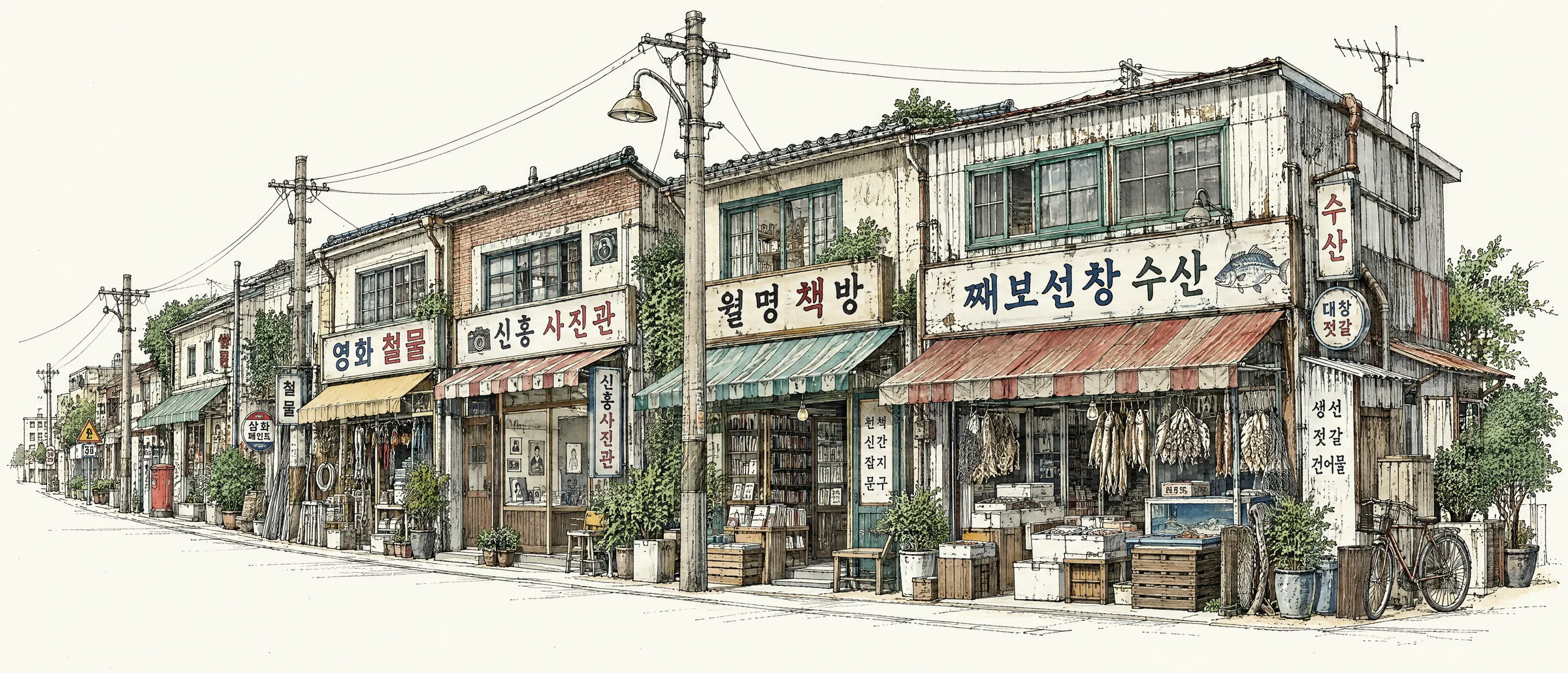 영화동 상점가 그림: 수산, 책방, 사진관, 철물점 간판과 줄무늬 차양이 이어진 옛 가게 거리